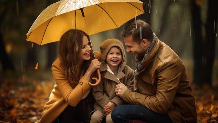 Family in the rain under umbrella